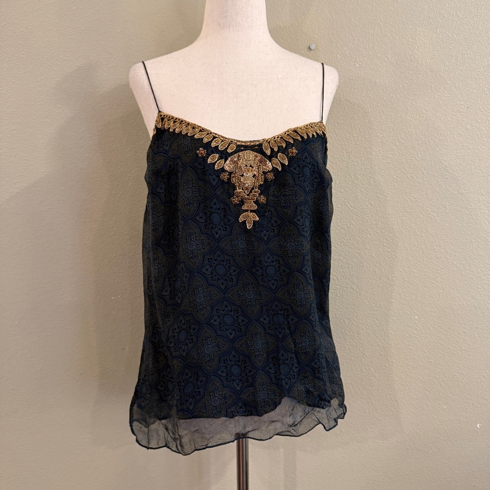 Badgley Mischka Silk Cami Tank Top M Blue Gold Beaded Embroidered Medallion Boho